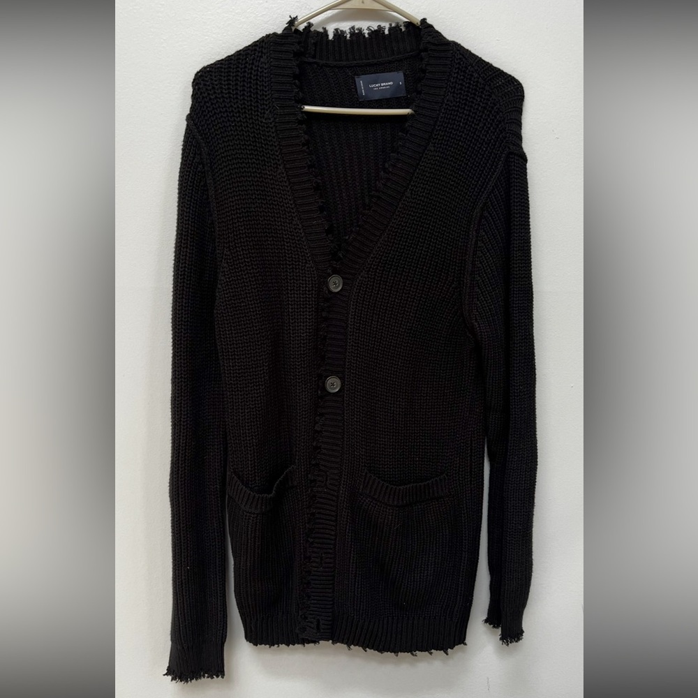 Lucky Brand Black Distressed Cardigan Sweater in Small